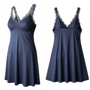 Flora Nikrooz Navy Lace Slip Dress Large 90s y2k Cami Sleep Sexy Romantic Fairy